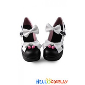 Princess Lolita Shoes Matte Black White Bows Strawberries Bells Instep Strap Chunky Heel