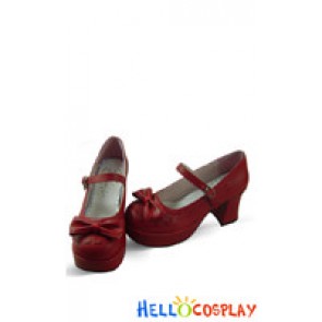 Matt Wine Red Heart Shaped Ruffle Chunky Princess Lolita Shoes