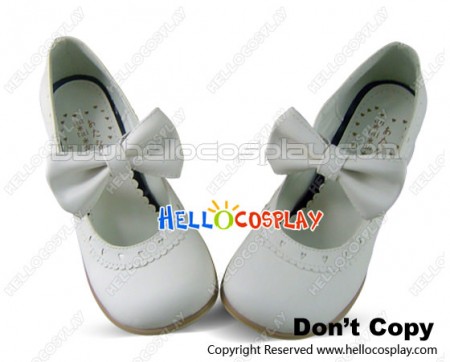 Matt White Charlotte Bow Strap Chunky Sweet Lolita Shoes