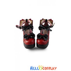 Lolita Shoes Black Wine Red Cute Princess Bows Lacing Ankle Strap