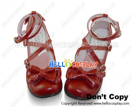 Matt Wine Red Bow Many Straps Chunky Princess Lolita Shoes