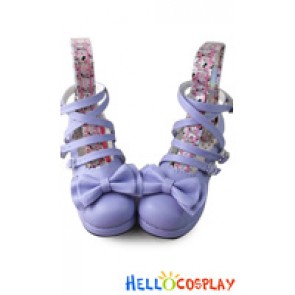 Sweet Lolita Shoes Purple Matte Ankle Crossing Straps Heart Shaped Buckles Bow