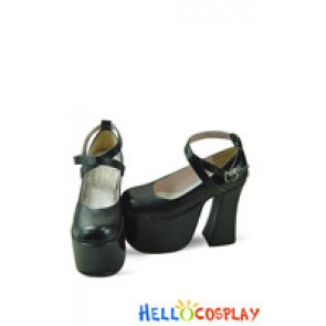 Matte Black Crossing Strap Chunky Princess Lolita Shoes