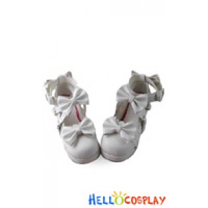 Princess Lolita Shoes Chunky White Heart Shaped Buckles Wide Ankle Strap Bows