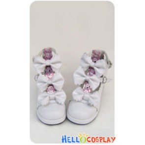 White Three Bows Ruffle Chunky Princess Lolita Shoes