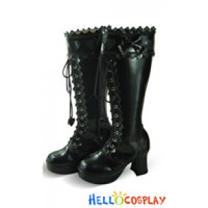 Matte Black Ruffle Chunky Princess Lolita Long Boots