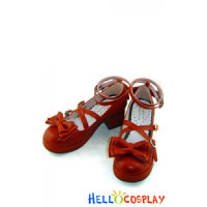 Wine Red Bow Many Straps Chunky Princess Lolita Shoes