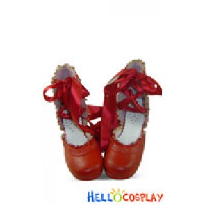 Red Ballet Ribbon Lace Chunky Sweet Lolita Shoes