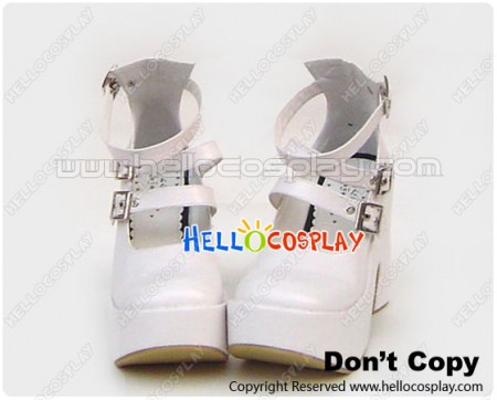 Matt White Three Straps Chunky Punk Lolita Shoes