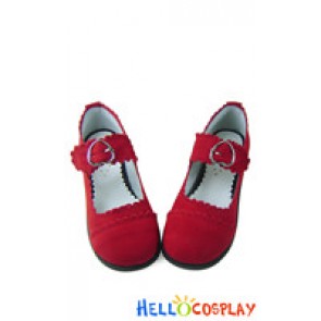 Red Ruffle Heart Shaped Buckle Flat Sweet Lolita Shoes