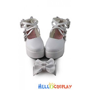 Princess Lolita Shoes White Matte Sweet Bows Crossing Straps Heart Shaped Buckles