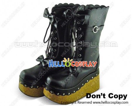 Black Bows Wooden Soles Platform Punk Lolita Boots