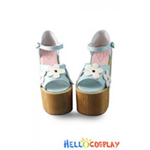 Princess Lolita Mirror Blue With White Daisies High Platform Ankle Strap Sandals