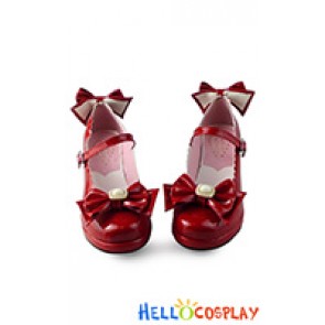 Lolita Shoes Red Mirror Chunky Bows Princess Lace Instep Strap