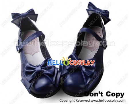 Princess Lolita Ultramarine Dark Blue Heart Shaped Lace Bows Flat Heel
