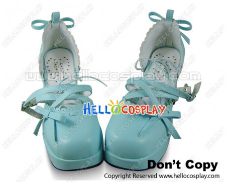 Matt Blue Bow Crossing Straps Chunky Sweet Lolita Shoes