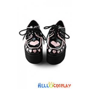 Punk Lolita Shoes Black And Pink Heart Shaped Lace Up Platform