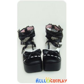 Black And White Ruffle Bow Chunky Sweet Lolita Shoes