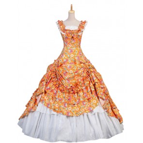 Victorian Southern Belle Ball Gown Reenactment Orange Floral Lolita Dress Costume