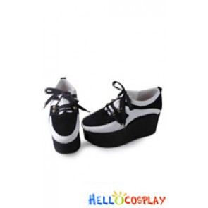 Punk Lolita Shoes Black White Pu Cattle Cashmere Lace Up High Platform