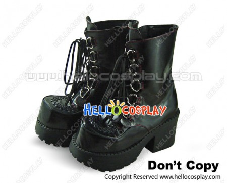 Black Red Line Lace Shoelace Chunky Punk Lolita Ankle Boots