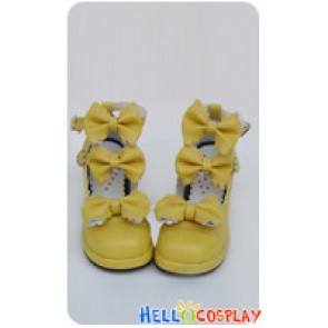 Creamy Yellow Three Bows Ruffle Chunky Princess Lolita Shoes