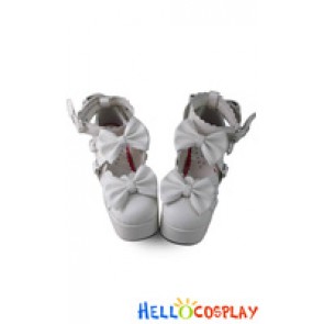 Princess Lolita Shoes White High Chunky Crossing Ankle Straps Bows Heart Shaped Buckles