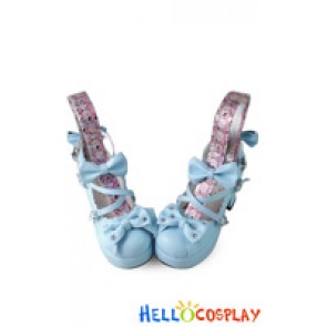 Princess Lolita Shoes Blue Matte Chunky Crossing Straps Ruffle Bows