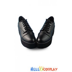 Punk Lolita Shoes Matte Black T-Shoelace Non-Slip Bottom Wedge Heel