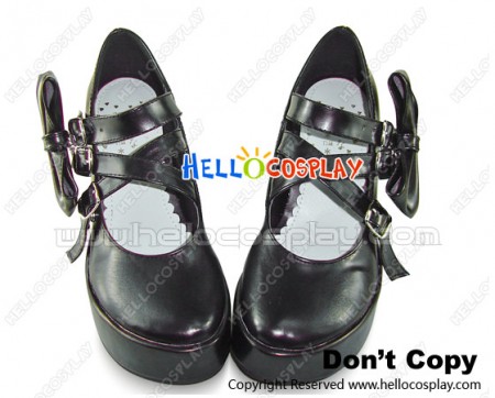 Matte Black Instep Straps Bow Chunky Punk Lolita Shoes