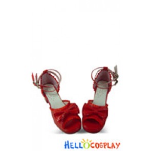 Mirror Red Open Toe Satin Ruffle Chunky Princess Lolita Shoes