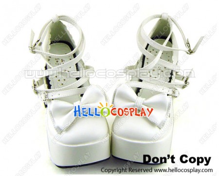 White Three Bows Straps Chunky Princess Lolita Shoes