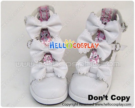 White Three Bows Ruffle Chunky Princess Lolita Shoes