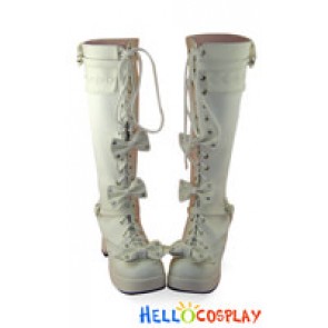 Matt White Heart Buckle Lace Bows Chunky Princess Lolita Boots