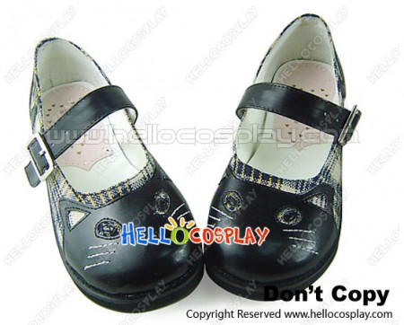 Dark Green Gingham Cartoon Cat Ankle Strap Sweet Lolita Shoes