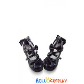 Matte Black Ruffle Bows Straps Chunky Princess Lolita Shoes