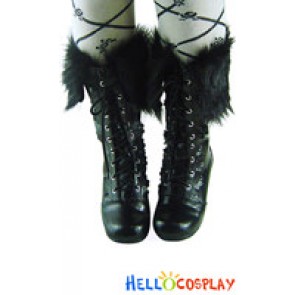 Black Lace Up Ruffle Chunky Punk Lolita Boots With Fur