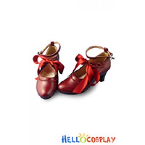 Sweet Lolita Shoes Wine Red Ruffle Ribbon Bow Lace Ankle Strap