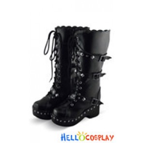 Black Rivets Ruffle Chunky Punk Lolita Boots