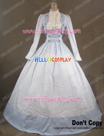 Victorian Civil War Stripes Ball Gown Reenactment Stage Blue Lolita Dress Costume