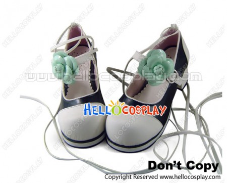 Black White Crossing Strap Green Flower Chunky Sweet Lolita Shoe