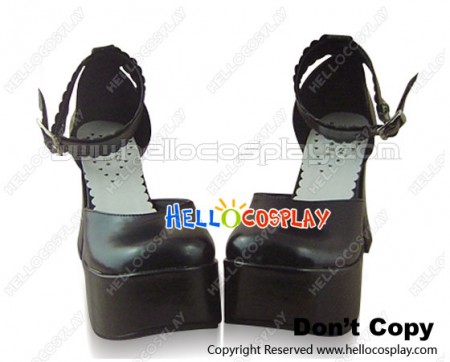 Black Ankle Straps Ruffle Chunky Sweet Lolita Queen Shoes