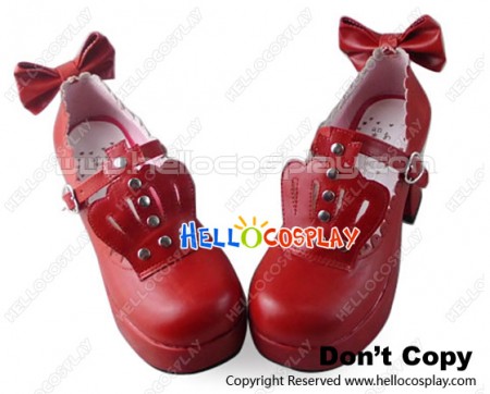 Princess Lolita Shoes Wine Red Matte Imperial Crown Chunky Lacing Bow Ankle Strap