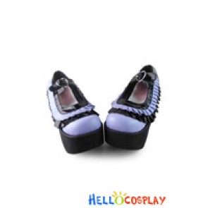 Punk Lolita Shoes Platform Black Mirror Purple Matte Ruffle Single Strap