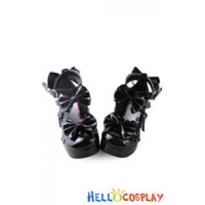 Princess Lolita Shoes Black Mirror Chunky Ankle Strap Lace Bows Heart Shaped Buckles