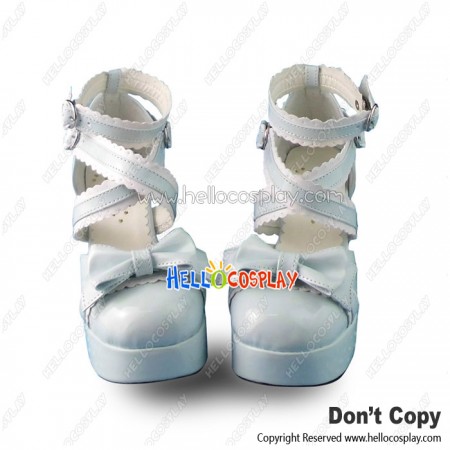 Princess Lolita Shoes Light Blue Lace Ruffle Ankle Crossing Straps Bow
