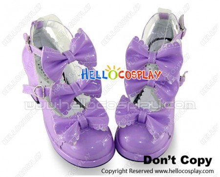 Mirror Purple Three Bows Ruffle Chunky Princess Lolita Shoes