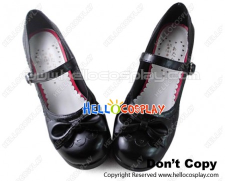 Princess Lolita Shoes Black Matte Single Strap Lace Bow Chunky