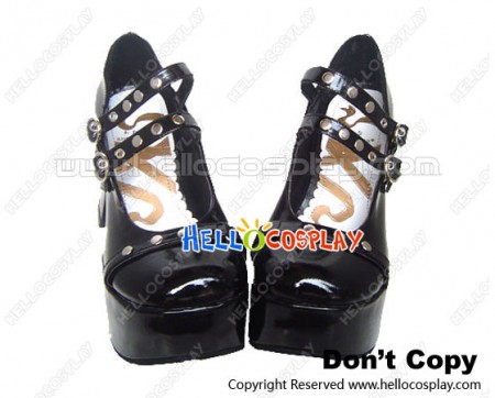 Black Shellac Buckles Straps Chunky Punk Lolita Shoes