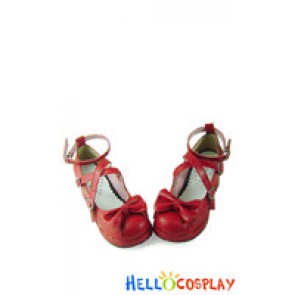 Matt Wine Red Ruffle Bow Straps Chunky Princess Lolita Shoes
